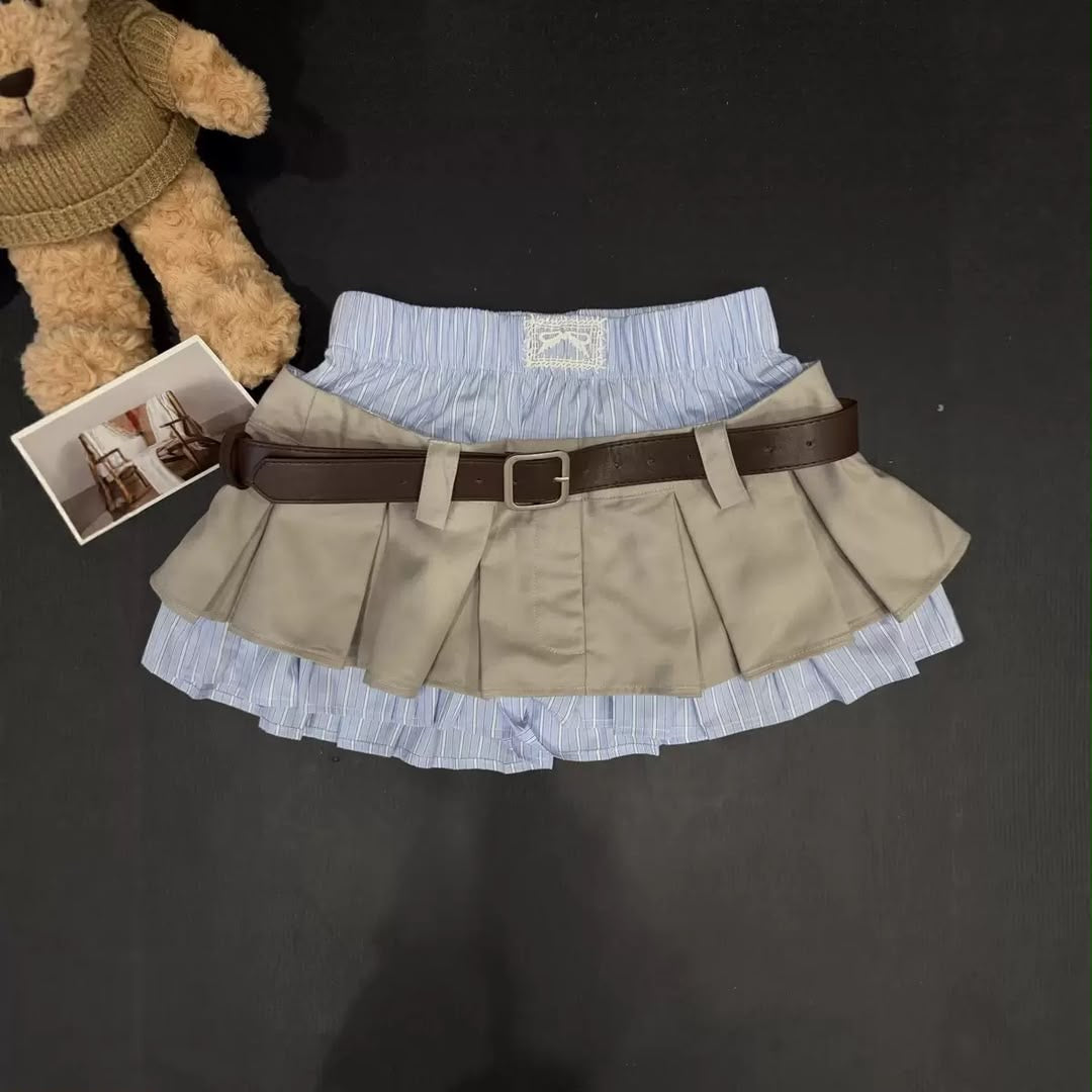 Layered Pleated Belted Mini Skort