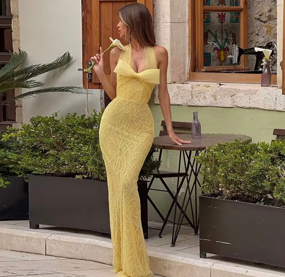 Sleeveless Halter Bow Yellow Textured Maxi Dress