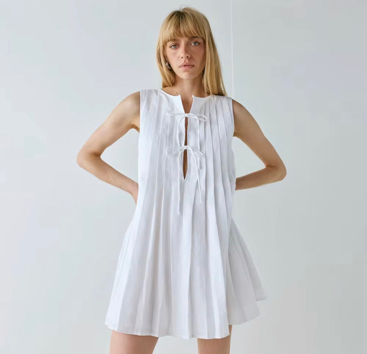 Pleated Tie-Front Mini Dress