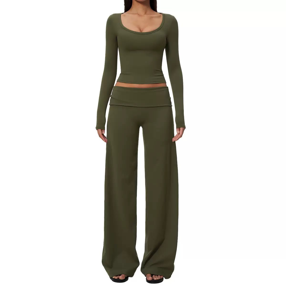 Scoop-Neck Foldover Wide-Leg Set