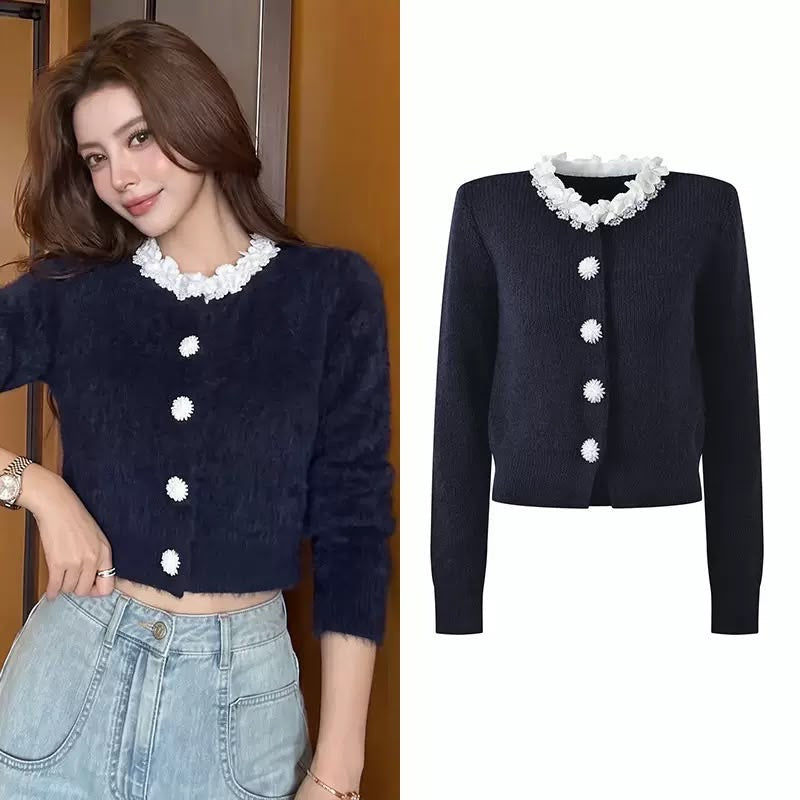 Floral Pearl Collar Knit Cardigan