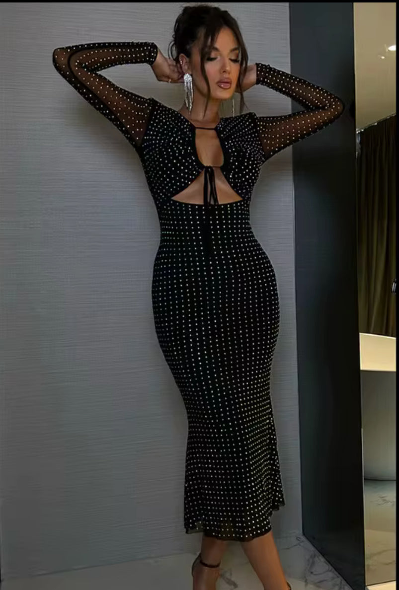 Black Mesh-Cutout Studded Dress