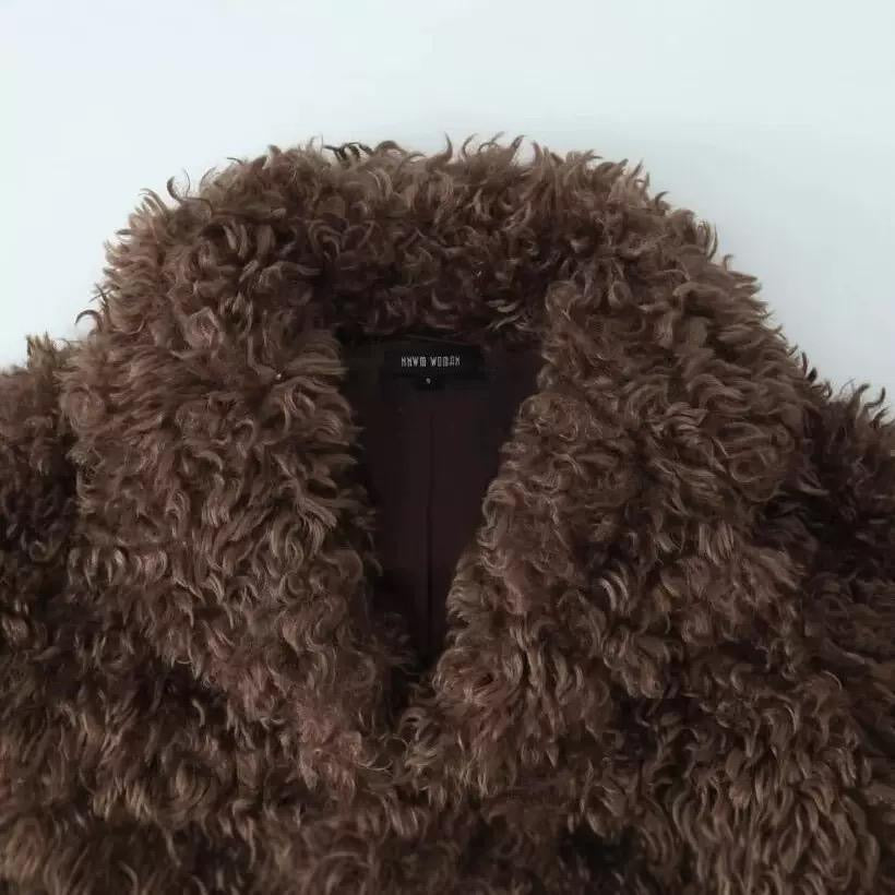 Brown Curly Faux Fur Coat with Lapel Collar