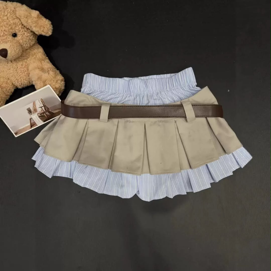 Layered Pleated Belted Mini Skort