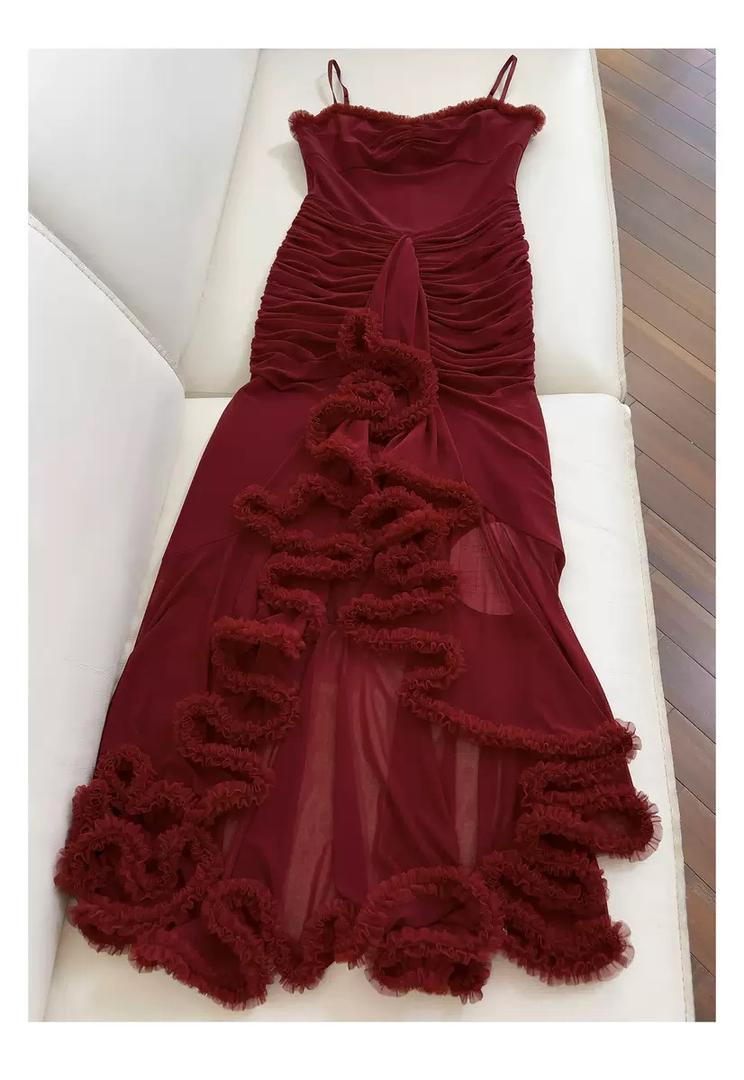 fitted mesh maxi dress with playful cascading ruffles
