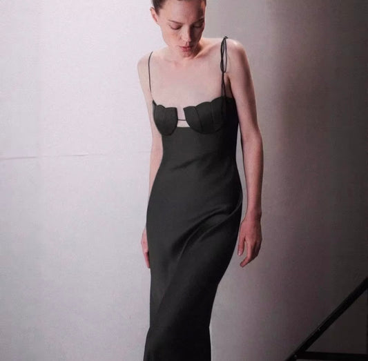 Silk Slip Corset Maxi Dress with Tie-Strap Detail