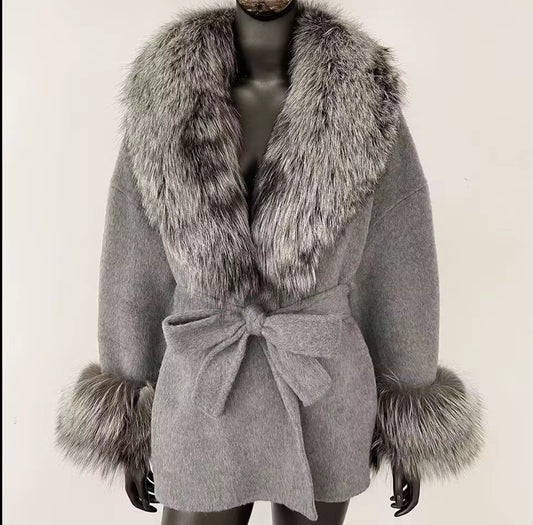 Fur-Collar Belted Wool Coat With fur cuffs
