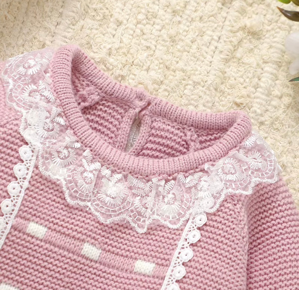 Blush Lace Bow Knitted Baby Set