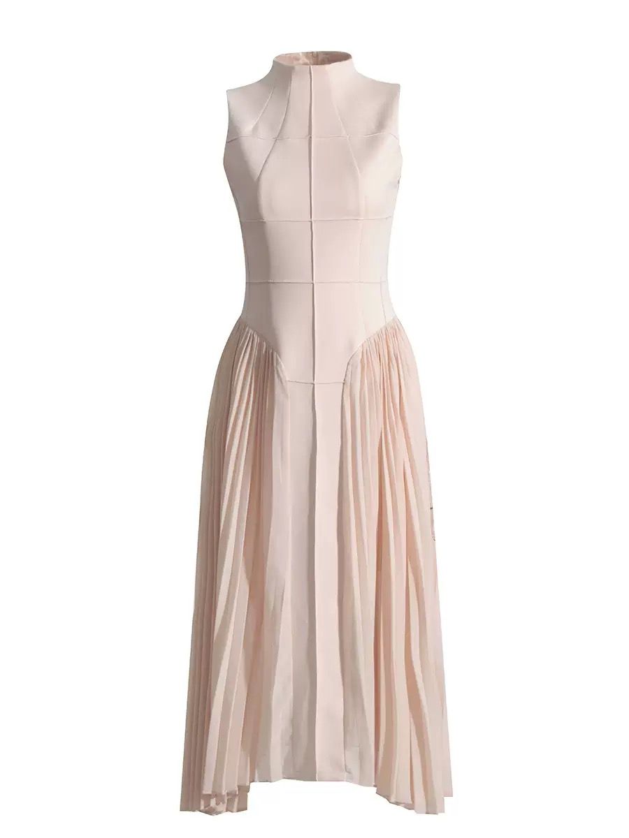 High-Neck Pleated Dress with Fitted Waist