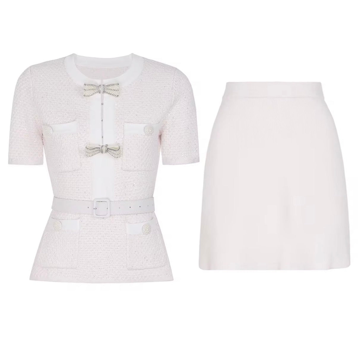 Bow Detail Tweed Top & Skirt Set