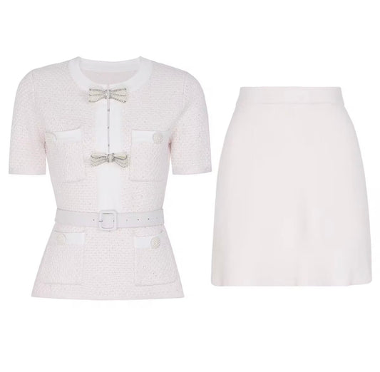 Bow Detail Tweed Top & Skirt Set