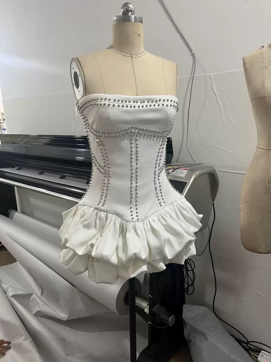 Ivory Studded Corset Bubble Mini Dress
