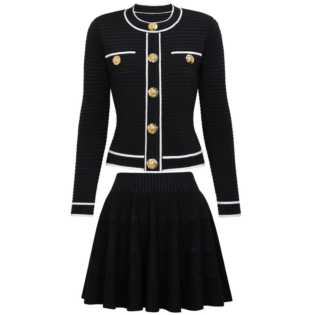 Classic Gold-Button Knitted Blazer & Pleated Skirt Set