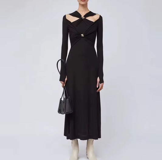 long sleeve dress with front cut-outs & jewel accents