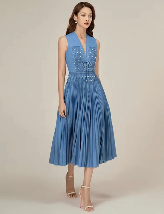 Pearl-Embellished Pleated Midi Dress with Smocked Bodice & Deep V Neckline