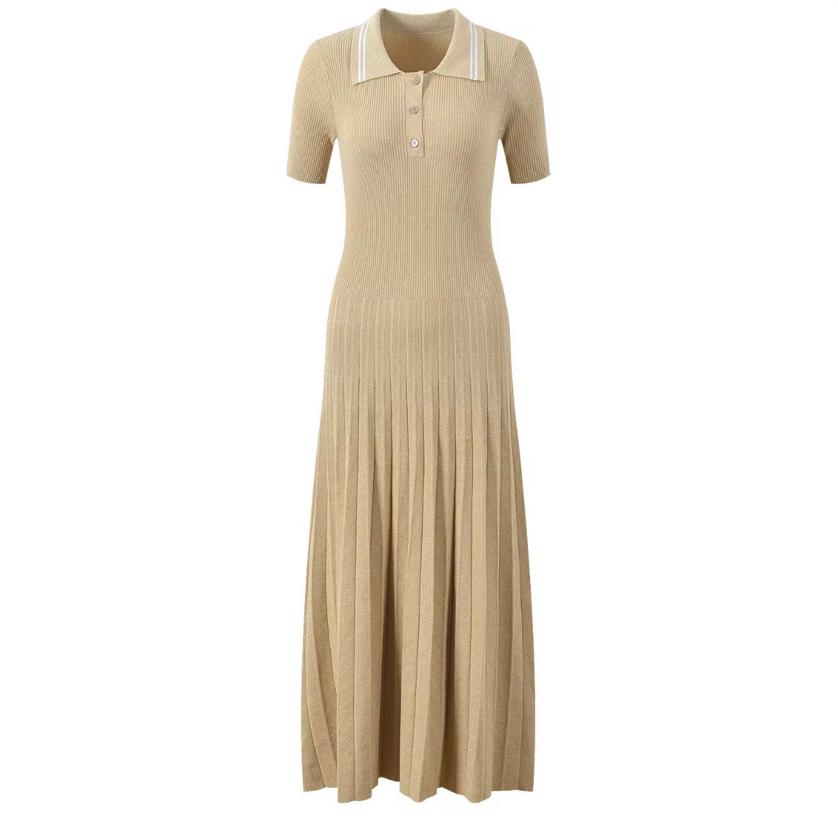 Golden Breeze Pleated Knit Maxi Dress