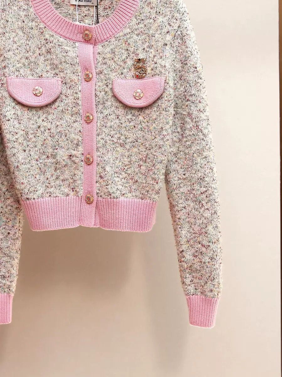 Soft Blush Tweed Knit Cardigan with Pink Trim & Crystal Buttons
