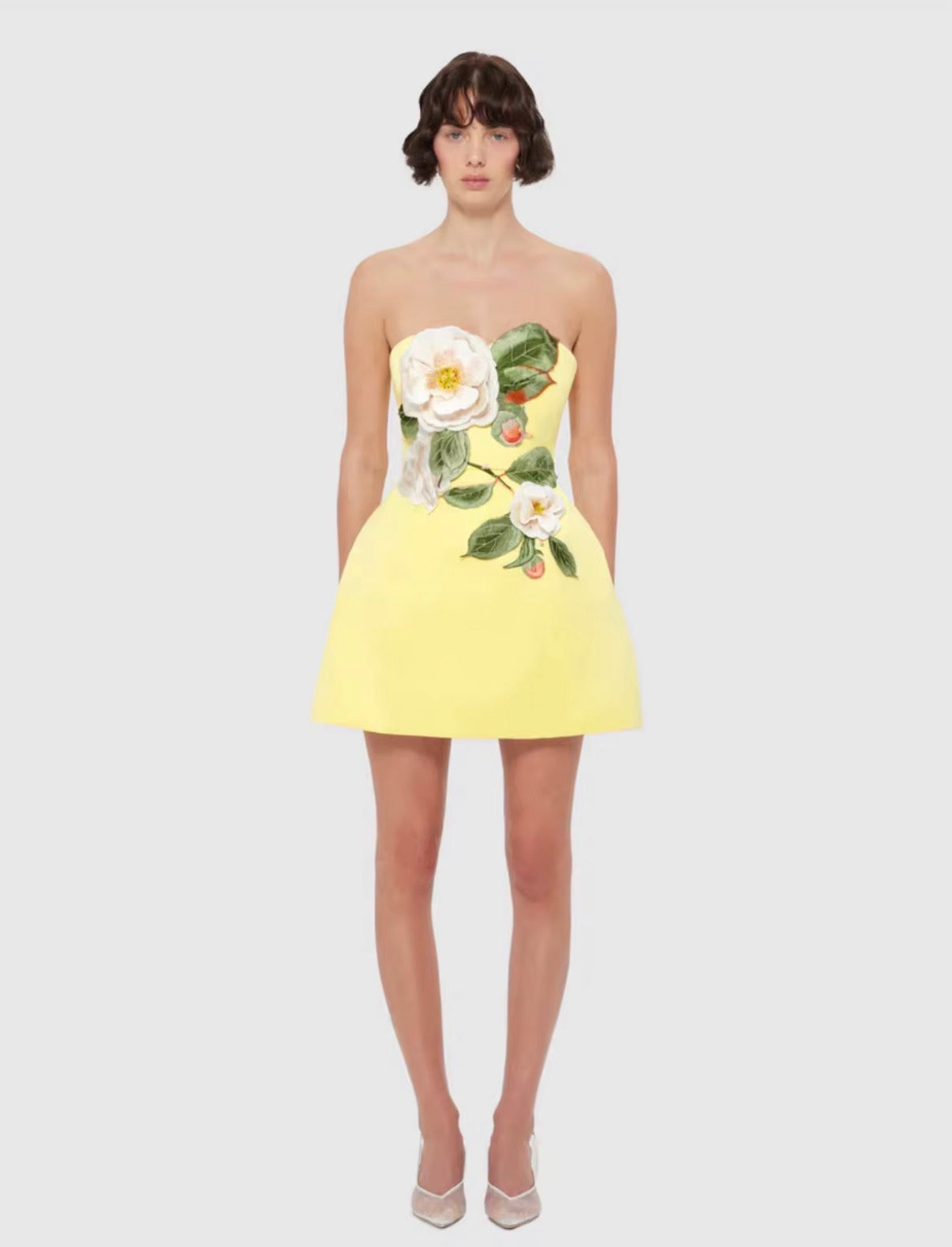 Butter Yellow Floral Appliqué Strapless Mini Dress