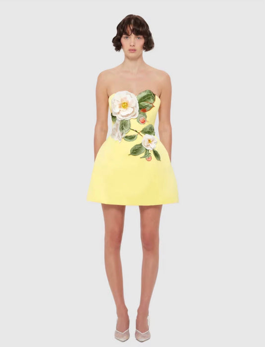 Butter Yellow Floral Appliqué Strapless Mini Dress