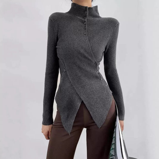 Asymmetrical Ribbed Button Top with Diagonal Hemline