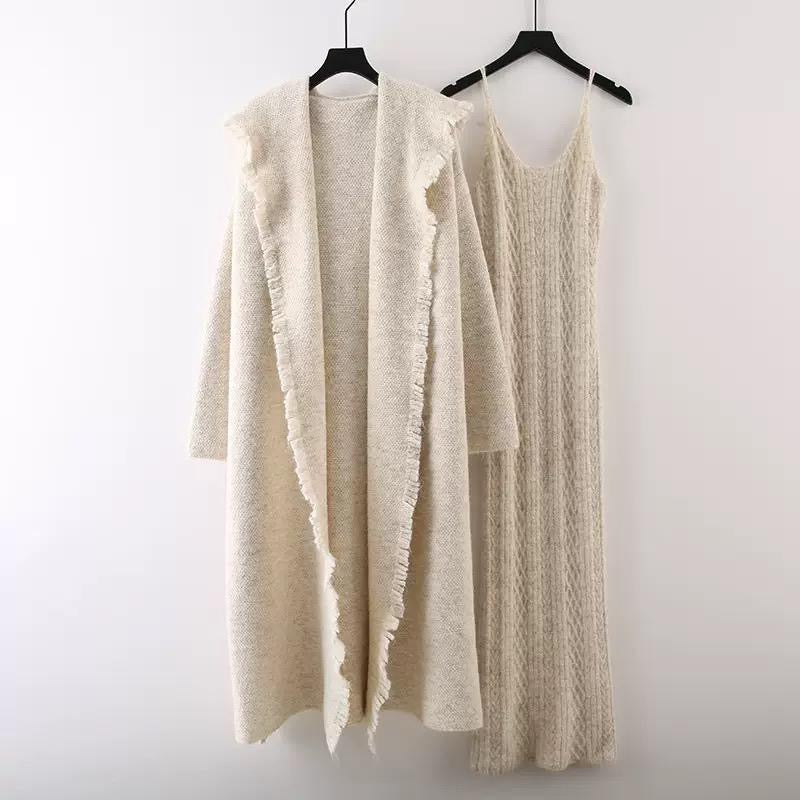 Fringe-Trim Knit Maxi Dress & Long Cardigan Set