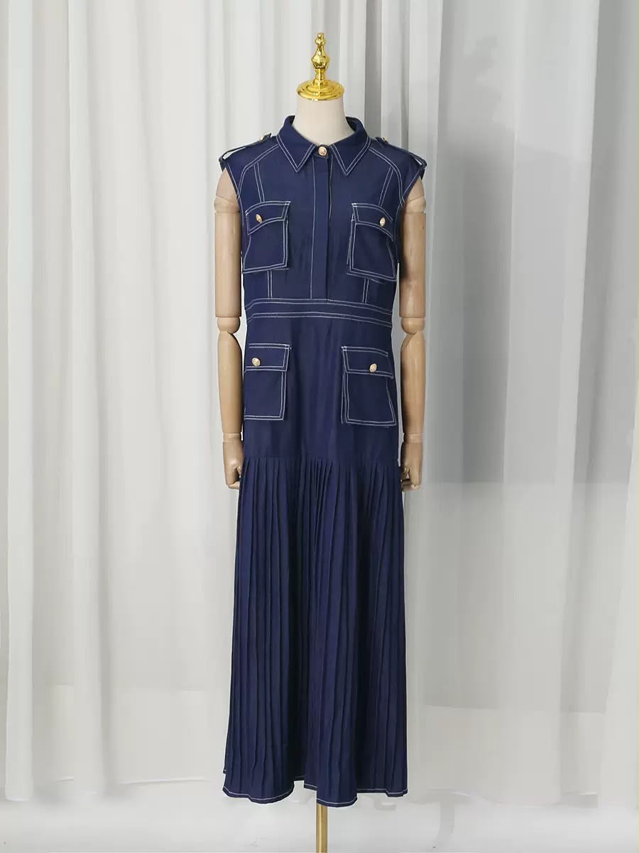 Navy Sleeveless Utility Pleated Maxi Dress
