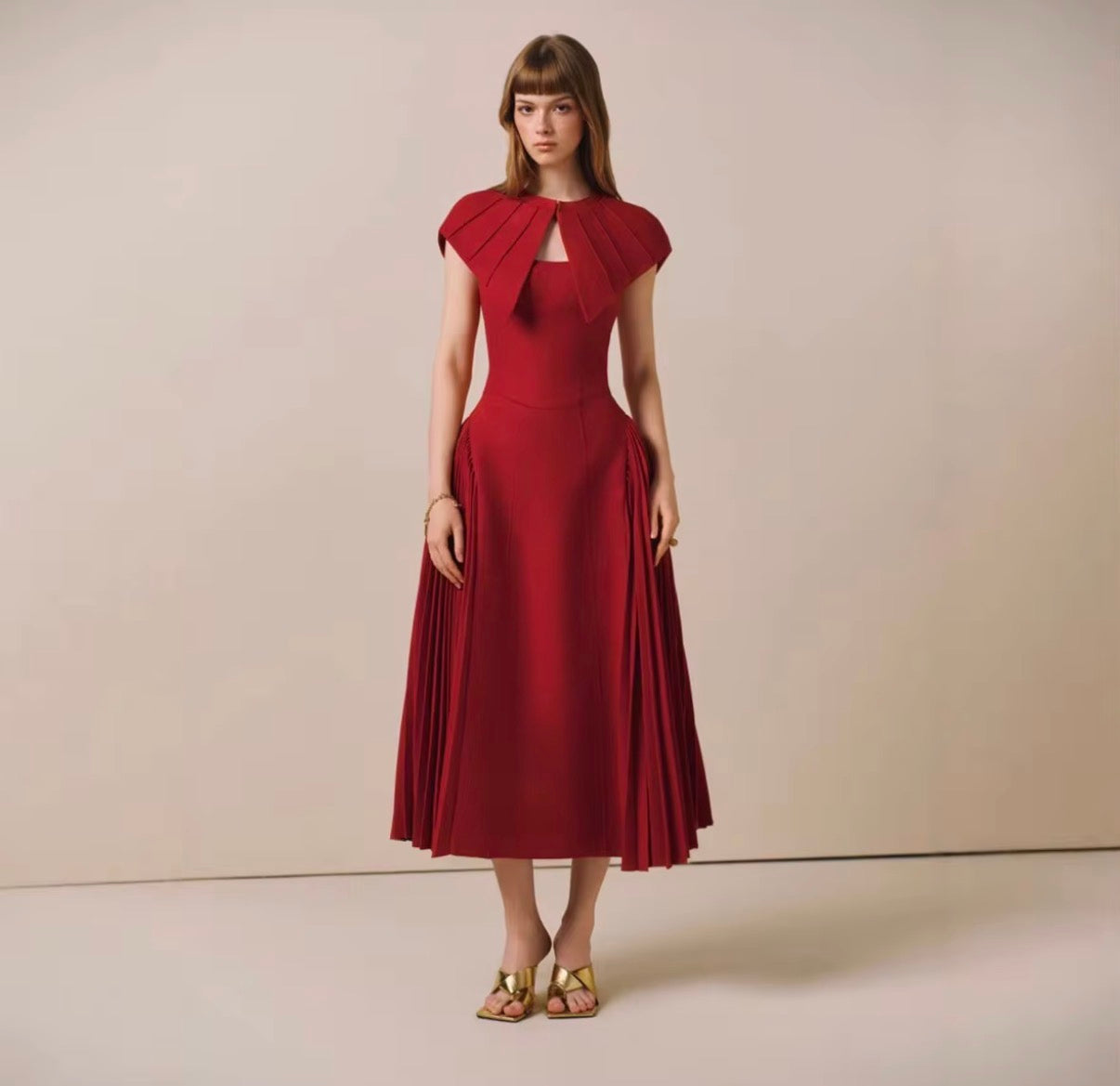 Crimson Sculpt Pleated Cape Midi Dress