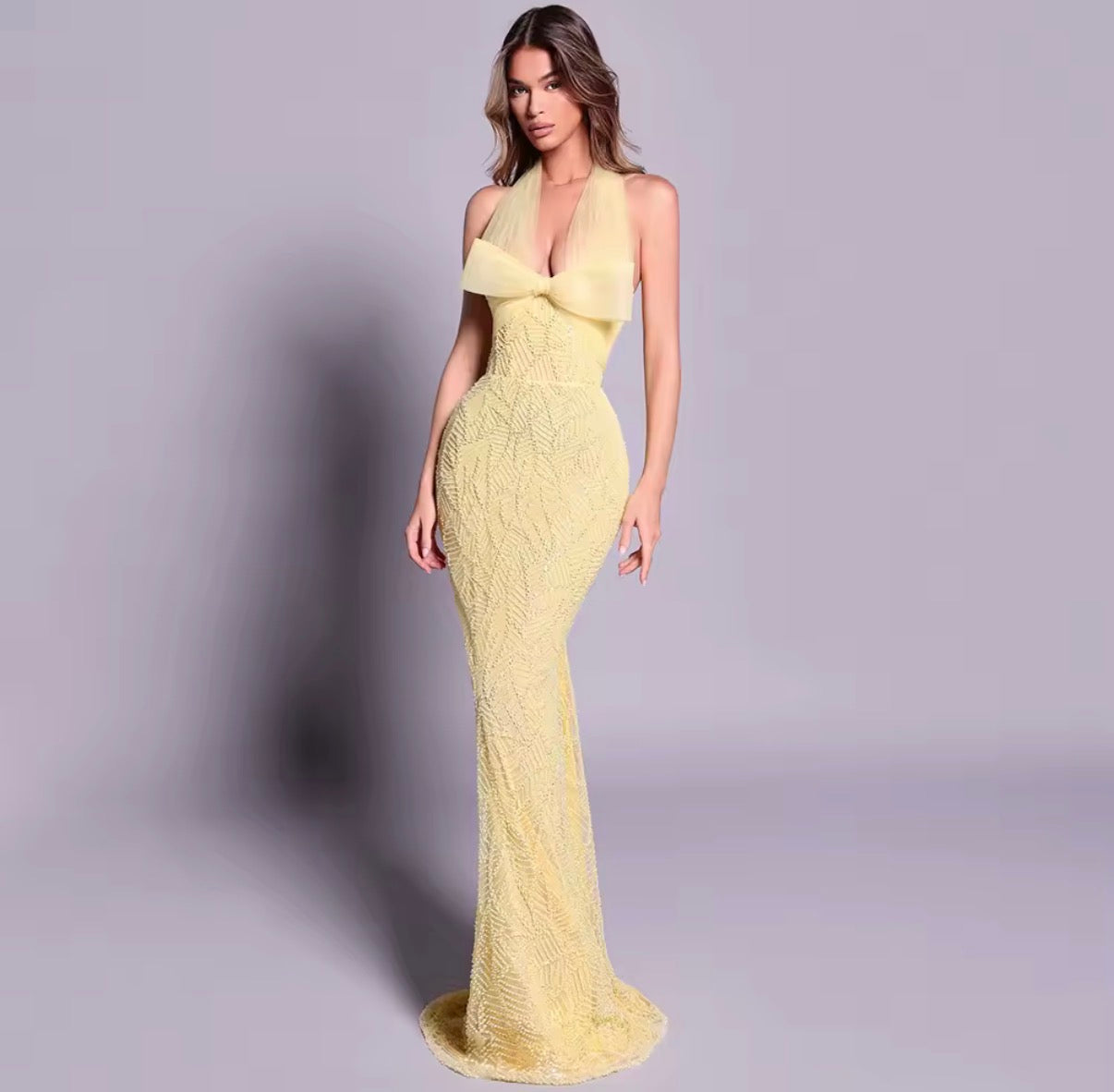 Sleeveless Halter Bow Yellow Textured Maxi Dress