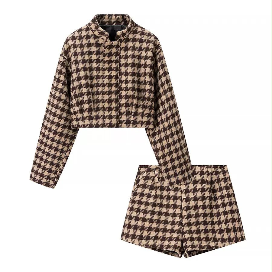 Houndstooth Cropped Jacket & Shorts Set