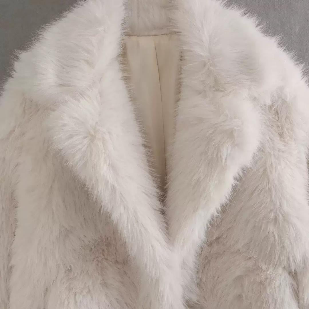 White Faux Fur Coat with Lapel Collar