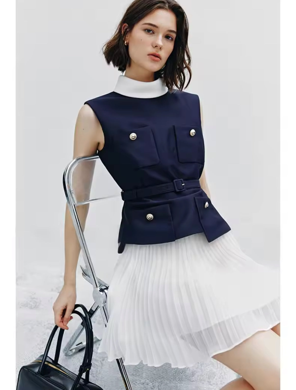 Navy Luxe Pleated Mini Dress