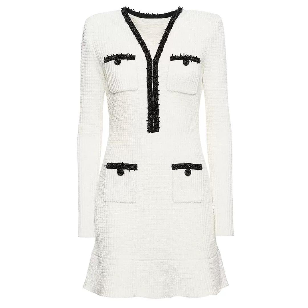 Chanel-Inspired Pearl Button Tweed Mini Dress