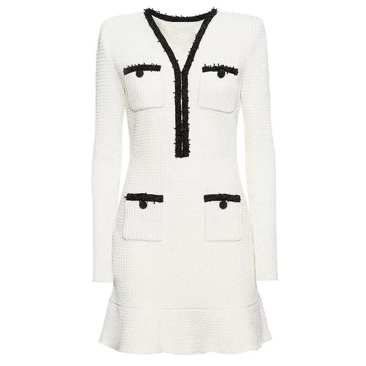 Chanel-Inspired Pearl Button Tweed Mini Dress