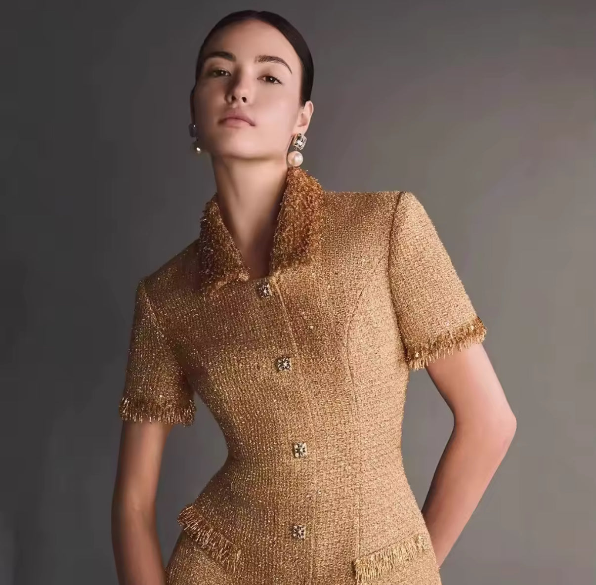 Golden Short-Sleeve Blazer Dress with Buttons