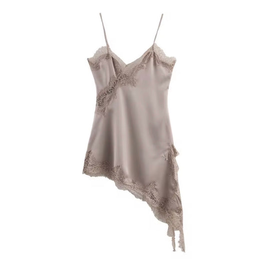 Asymmetric Lace Trim Slip Dress