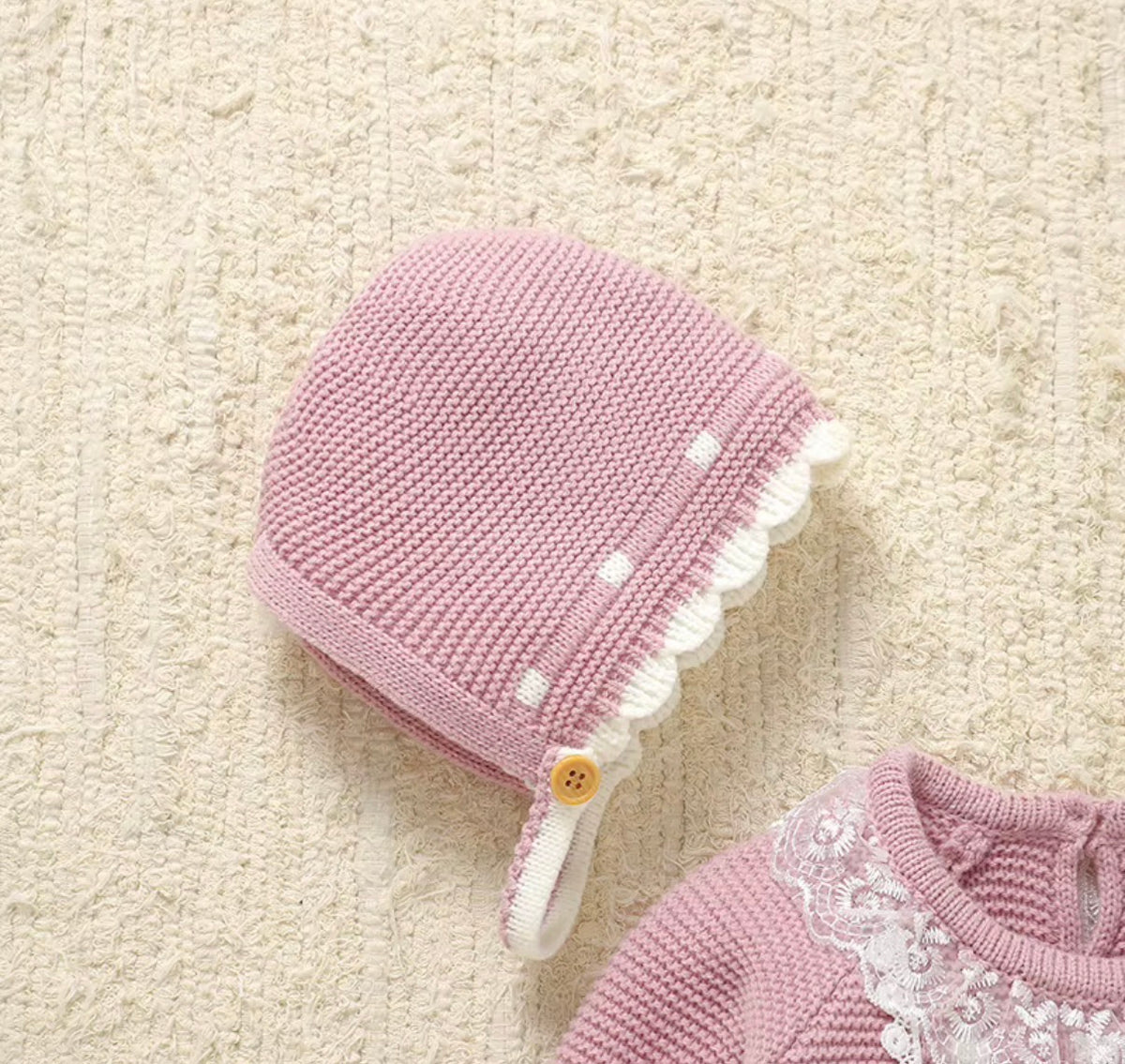 Blush Lace Bow Knitted Baby Set