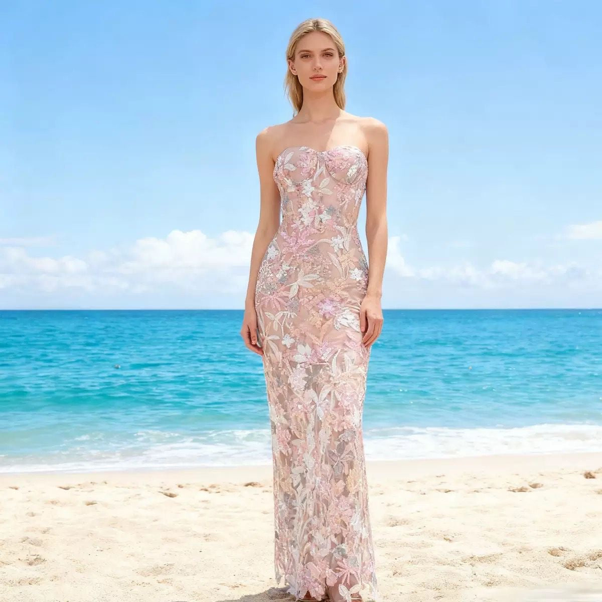 Eternal Bloom Embroidered Strapless Dress