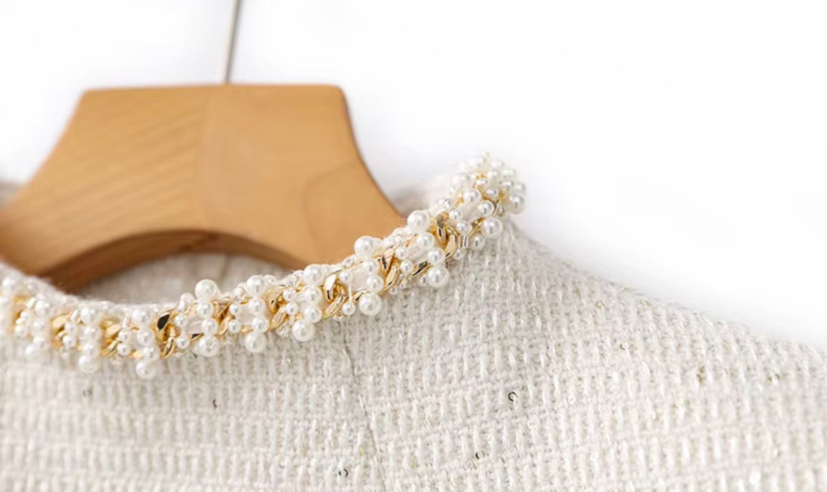 Pearl Trim Tweed Mini Dress