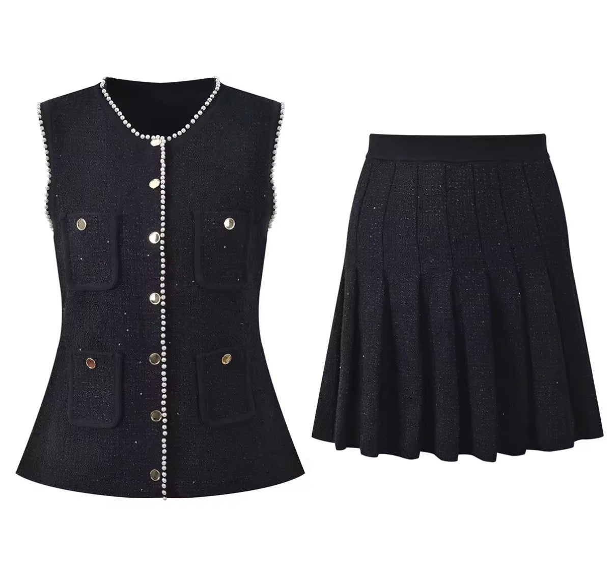 Pearl Trim Knit Vest & Pleated Skirt Set