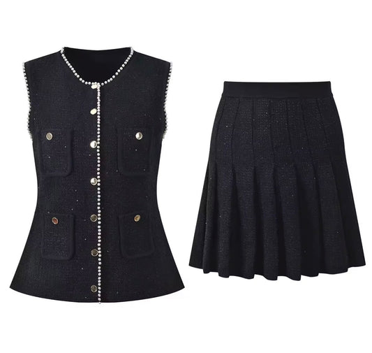 Pearl Trim Knit Vest & Pleated Skirt Set
