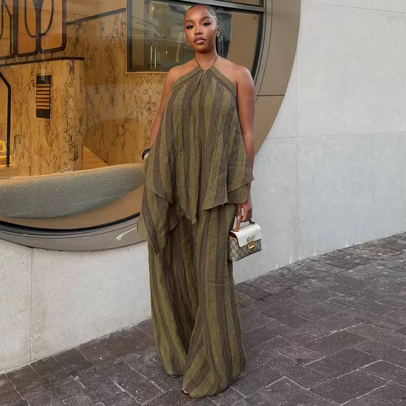 Olive Striped Halter Flow Set