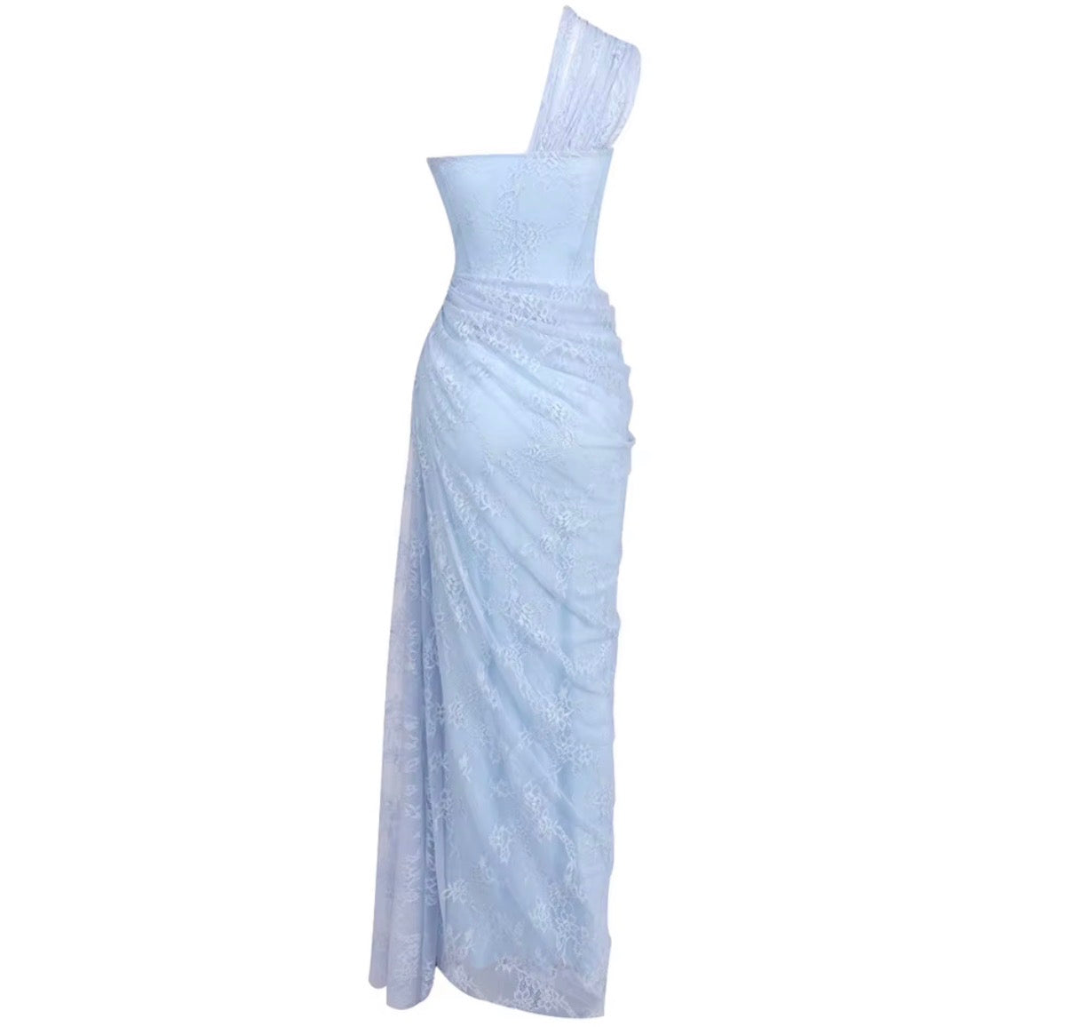 Ice Blue One-Shoulder Lace Gown
