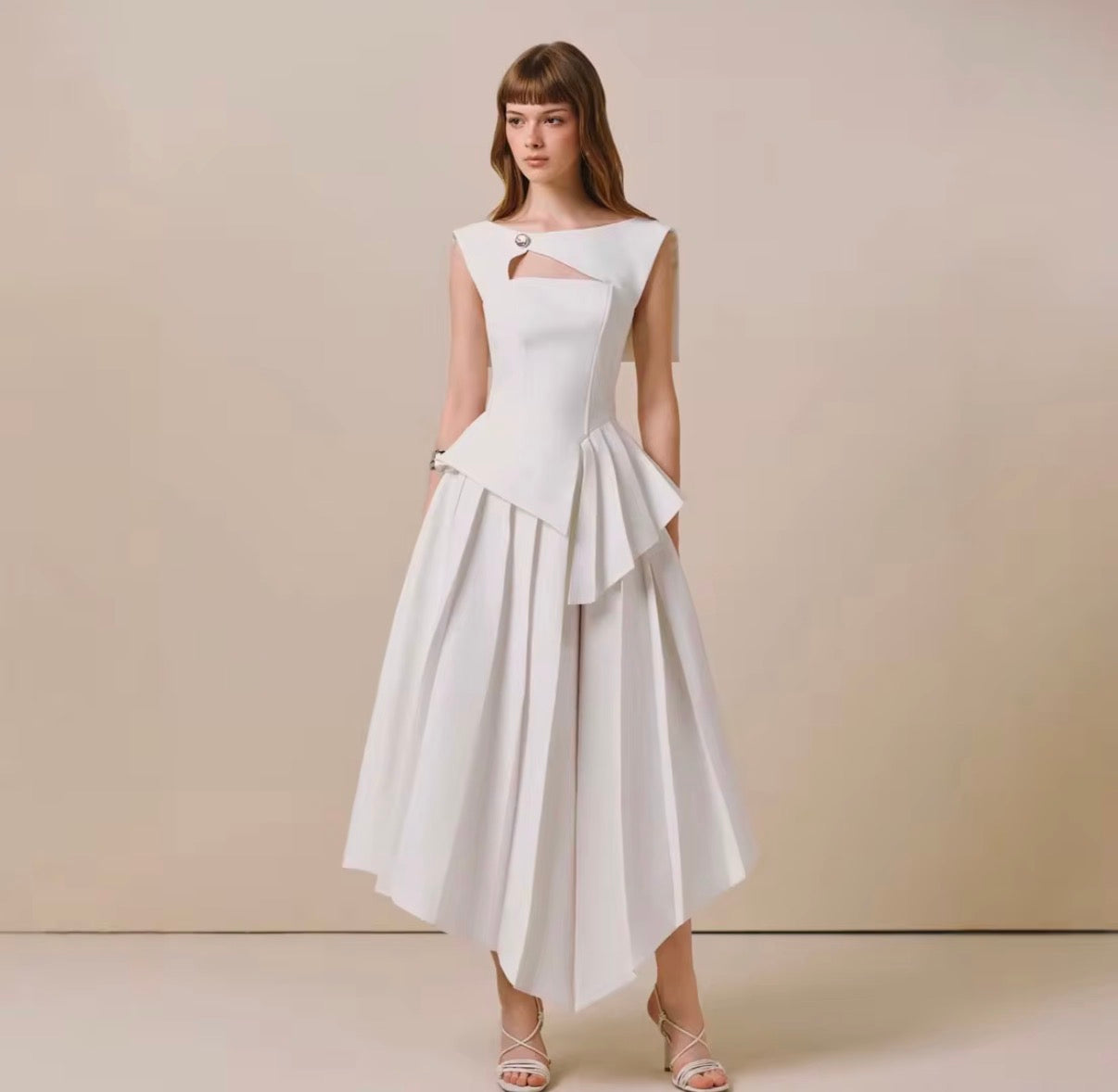 Monochrome Sculpt Asymmetric Peplum Midi Dress