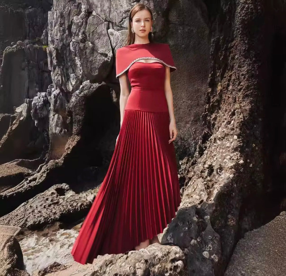 Asymmetric Pleated Maxi Dress with Embellished Cape Neckline