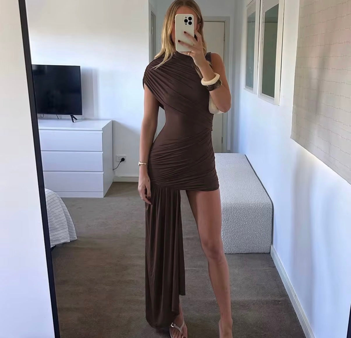 Asymmetric Ruched Mini Dress with Drape