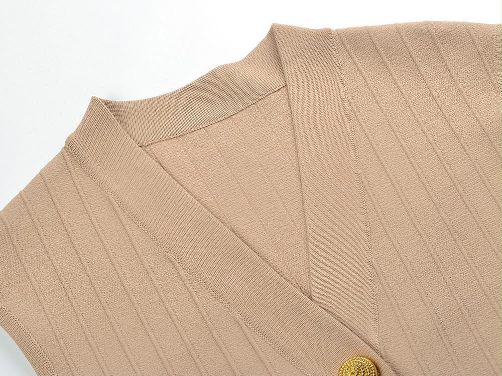 Gold-Button Ribbed Knit Mini Dress