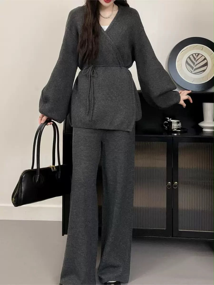 Wrap Knit Cardigan & Wide-Leg Pants Set