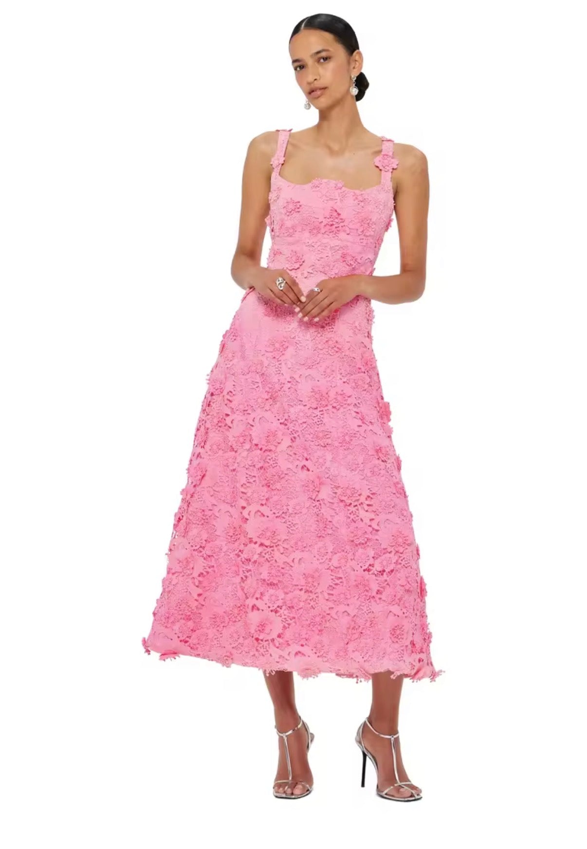 Pink Floral Lace Midi Dress