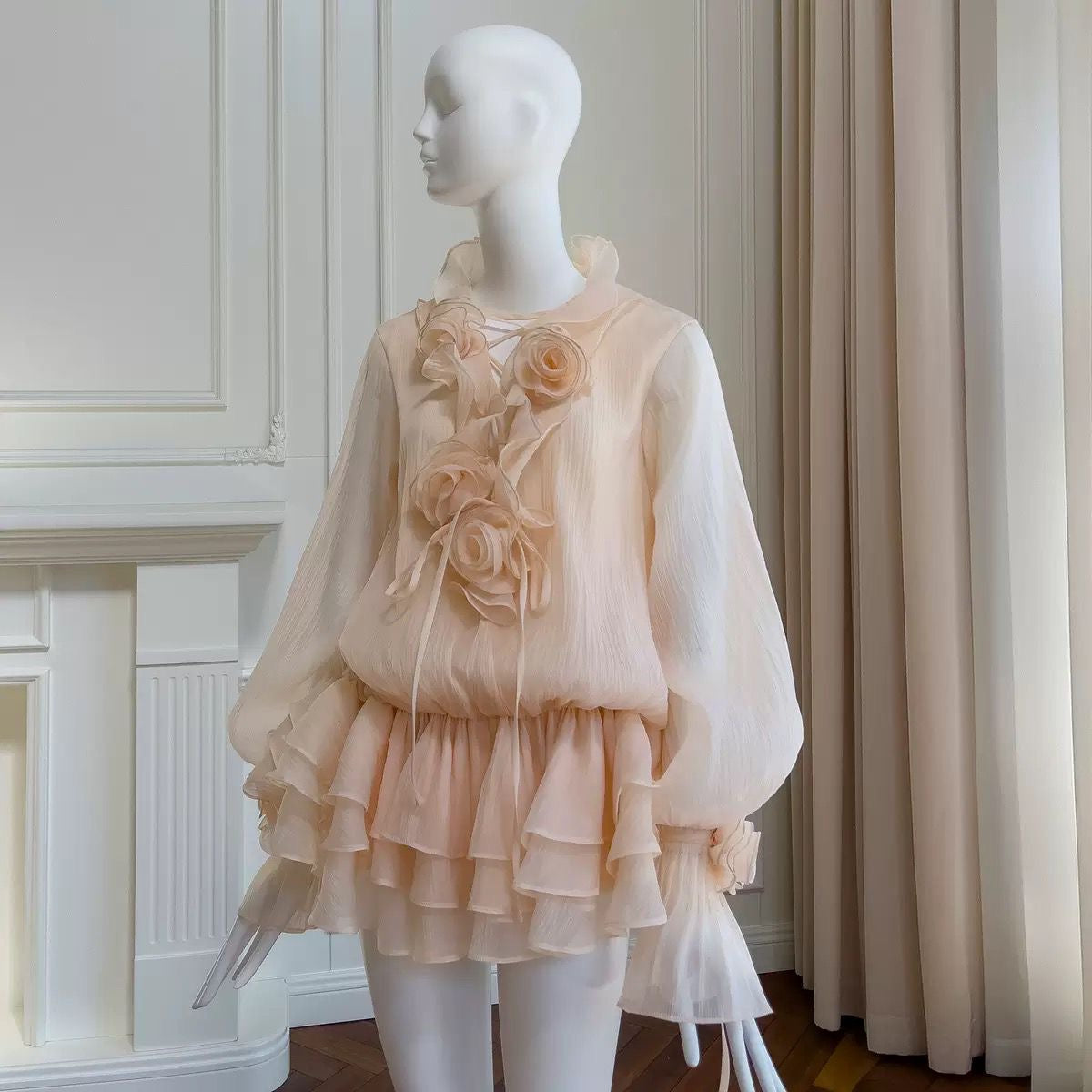 Peach Ruffle Dress with Roses