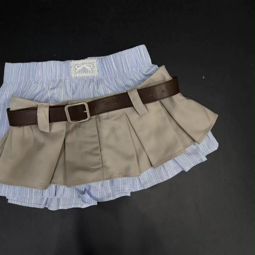 Layered Pleated Belted Mini Skort
